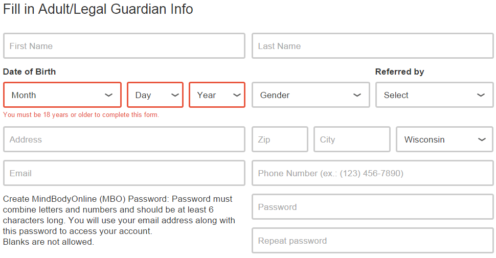 screen with fields to fill out, date of birth fields are outlined in red